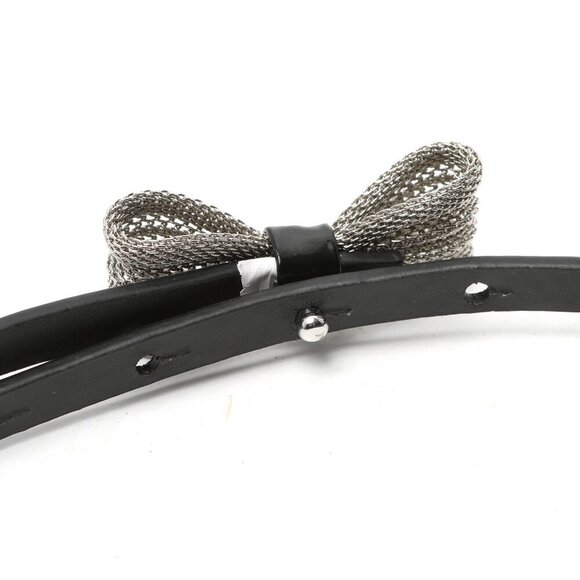 Faux Patent Leather Skinny Belt Metal Bow Mesh Black Glossy Party Y2K Retro - Picture 8 of 9